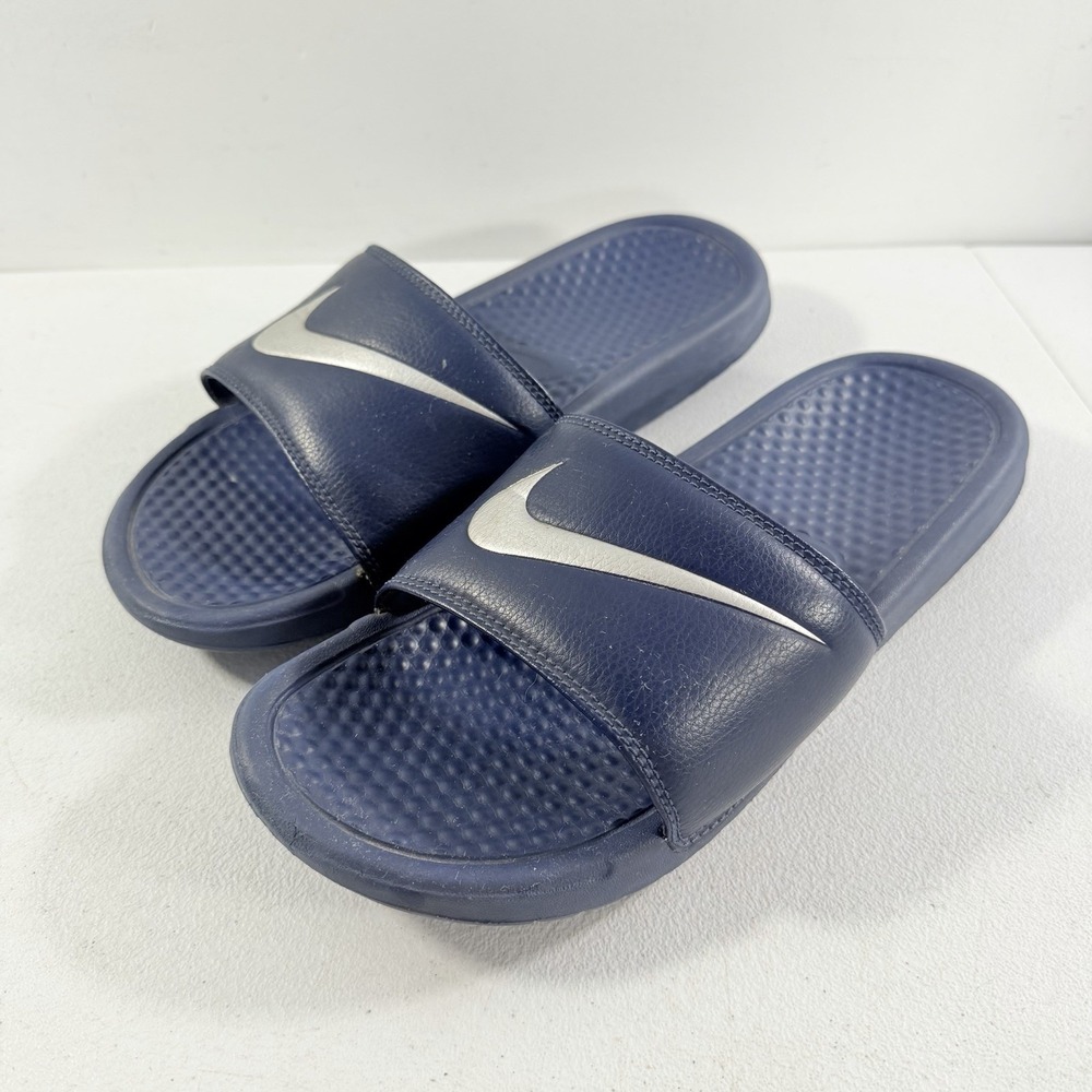 Nike Benassi Just Do It Silver Swoosh Slide Sandals Navy Blue Men's 9 312618-401